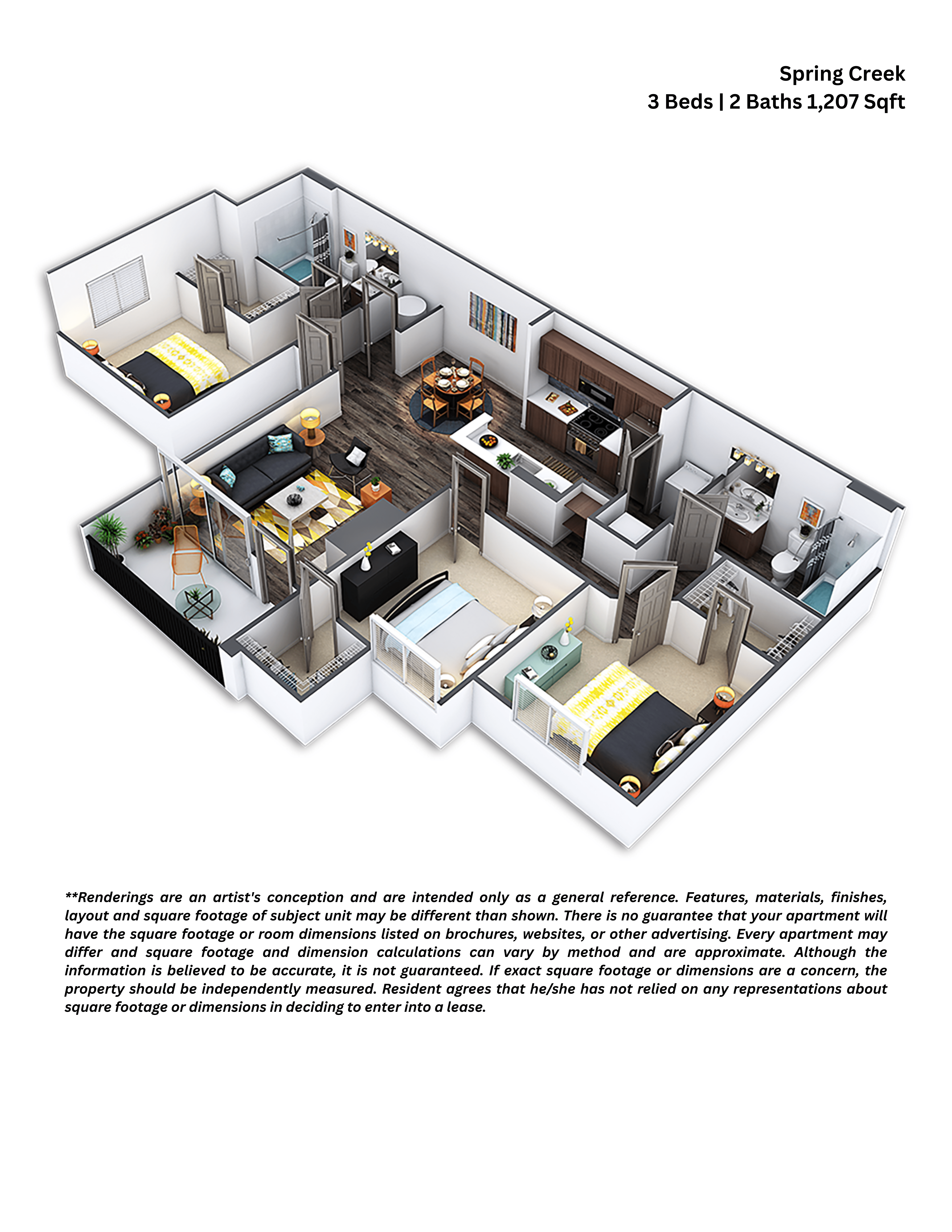 Floor plan for 3 beds, 2 baths, 1207 sqft